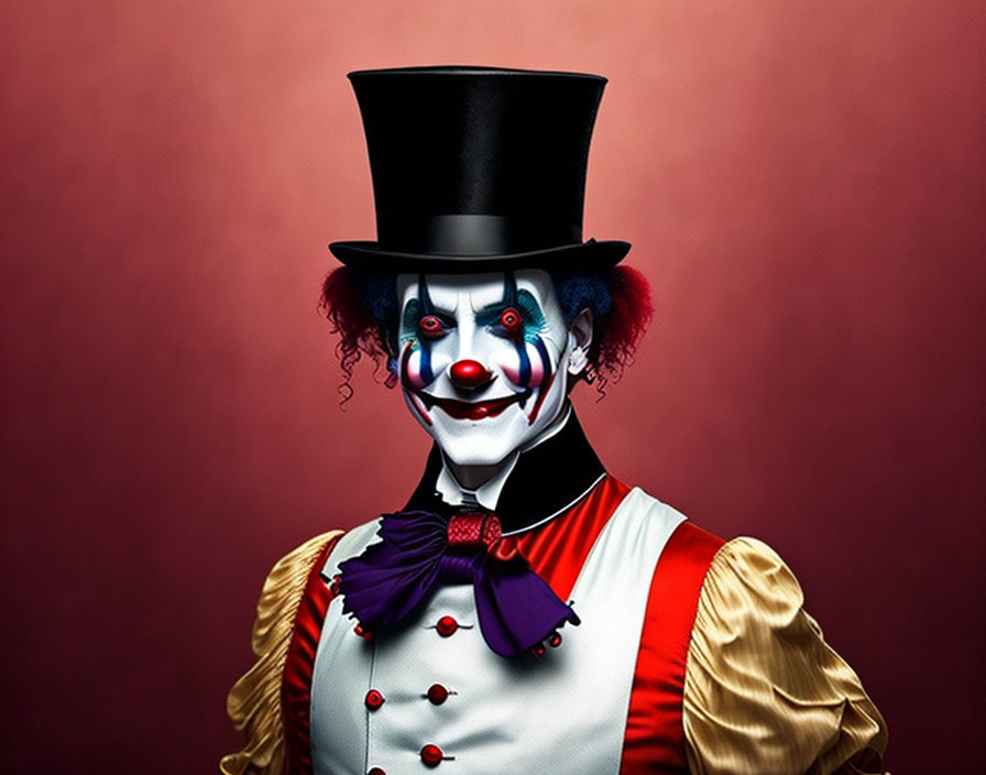 Colorful Clown Costume with Top Hat and Red Nose on Red Background