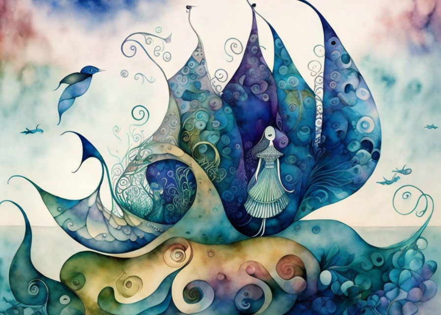 Whimsical watercolor painting of stylized ship amid sea creatures