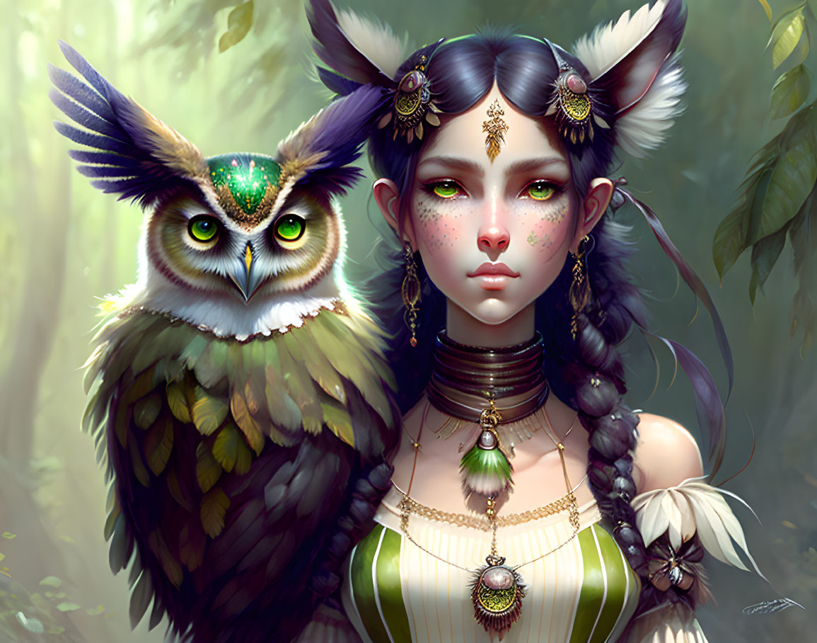 Fantastical woman with owl features and forest jewelry with owl companion.