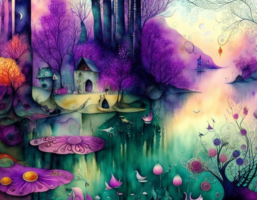 Purple-hued forest watercolor painting with vibrant trees, whimsical houses, and floating leaves.