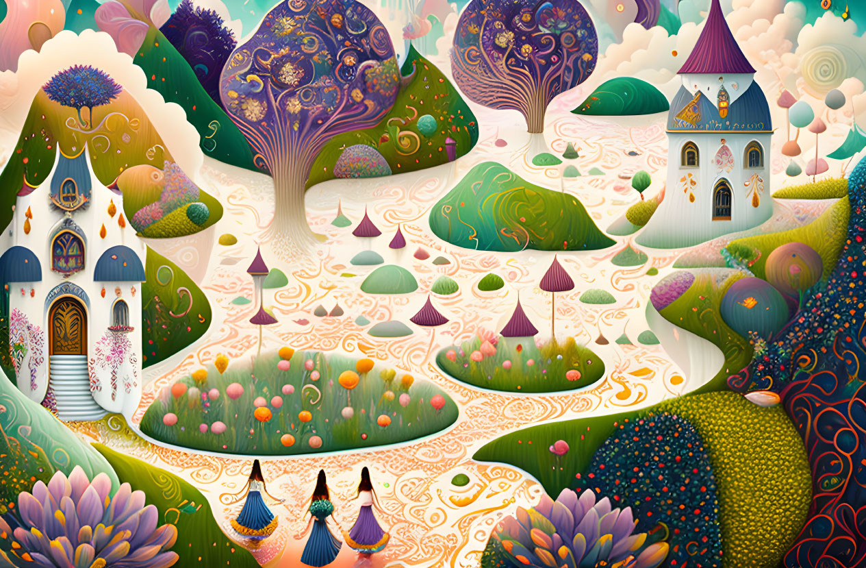 Colorful whimsical landscape with stylized trees and fantasy structures