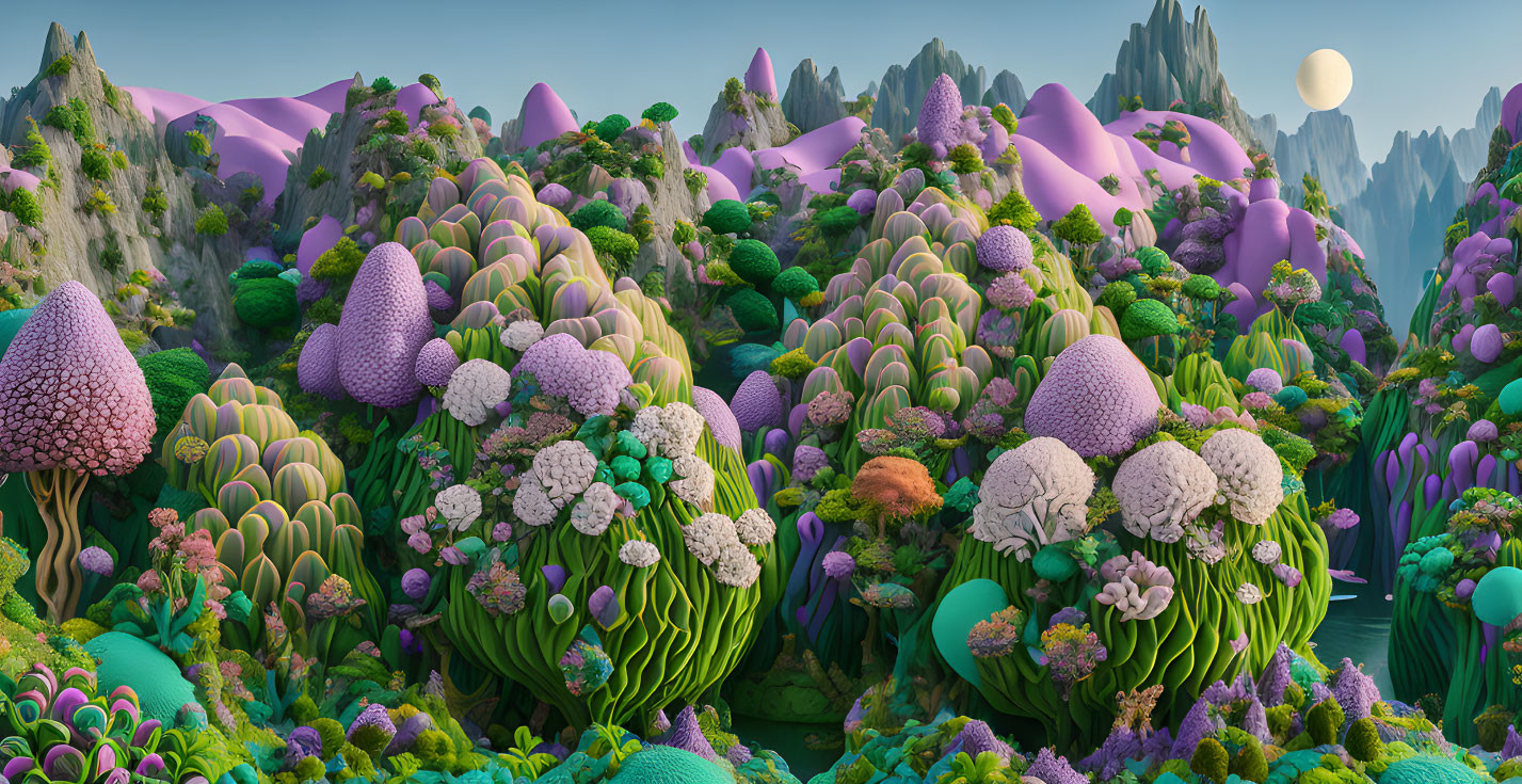 Colorful surreal landscape with oversized broccoli and mushroom-like vegetation