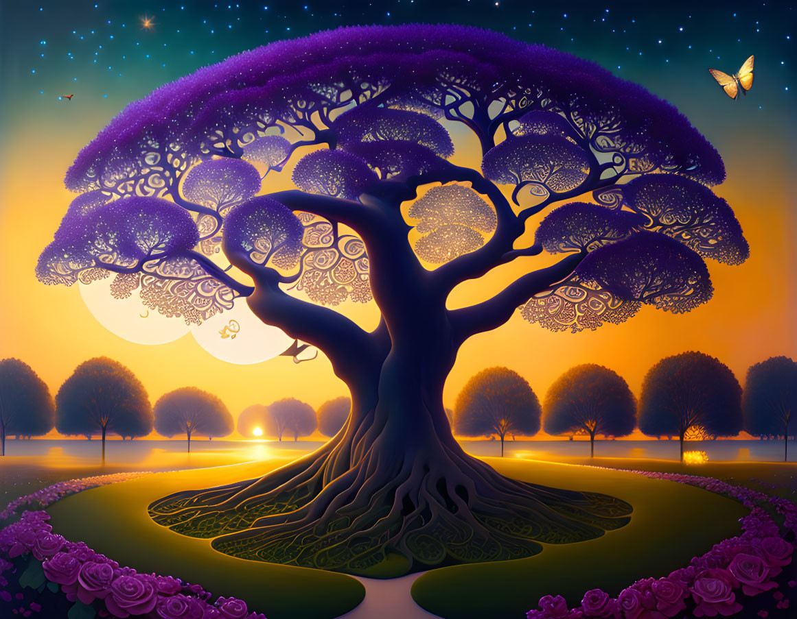 Magical tree illustration with purple foliage under starry sky