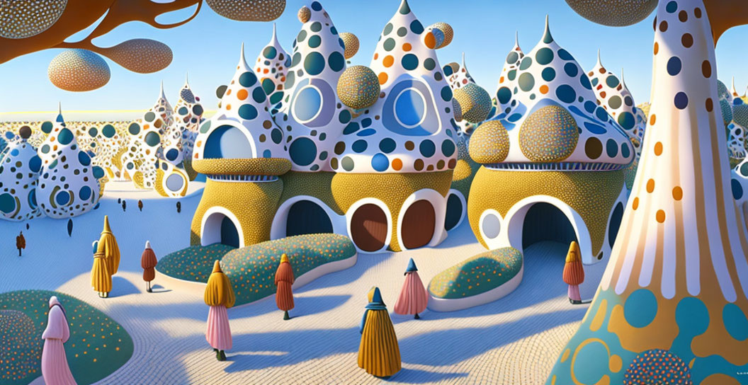 Whimsical surreal landscape with polka-dotted structures and mushroom-shaped trees