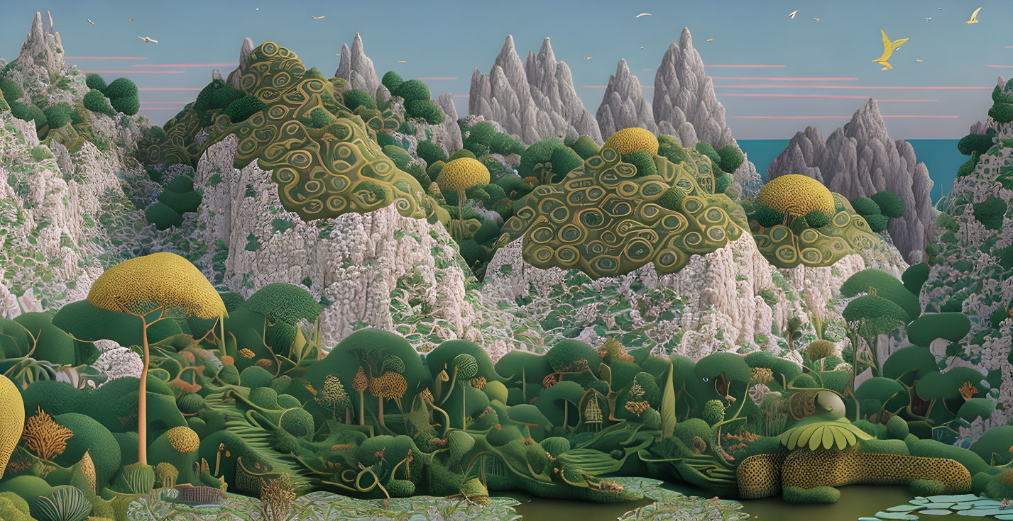 Fantastical landscape with green trees, swirling hills, mountains, and birds.