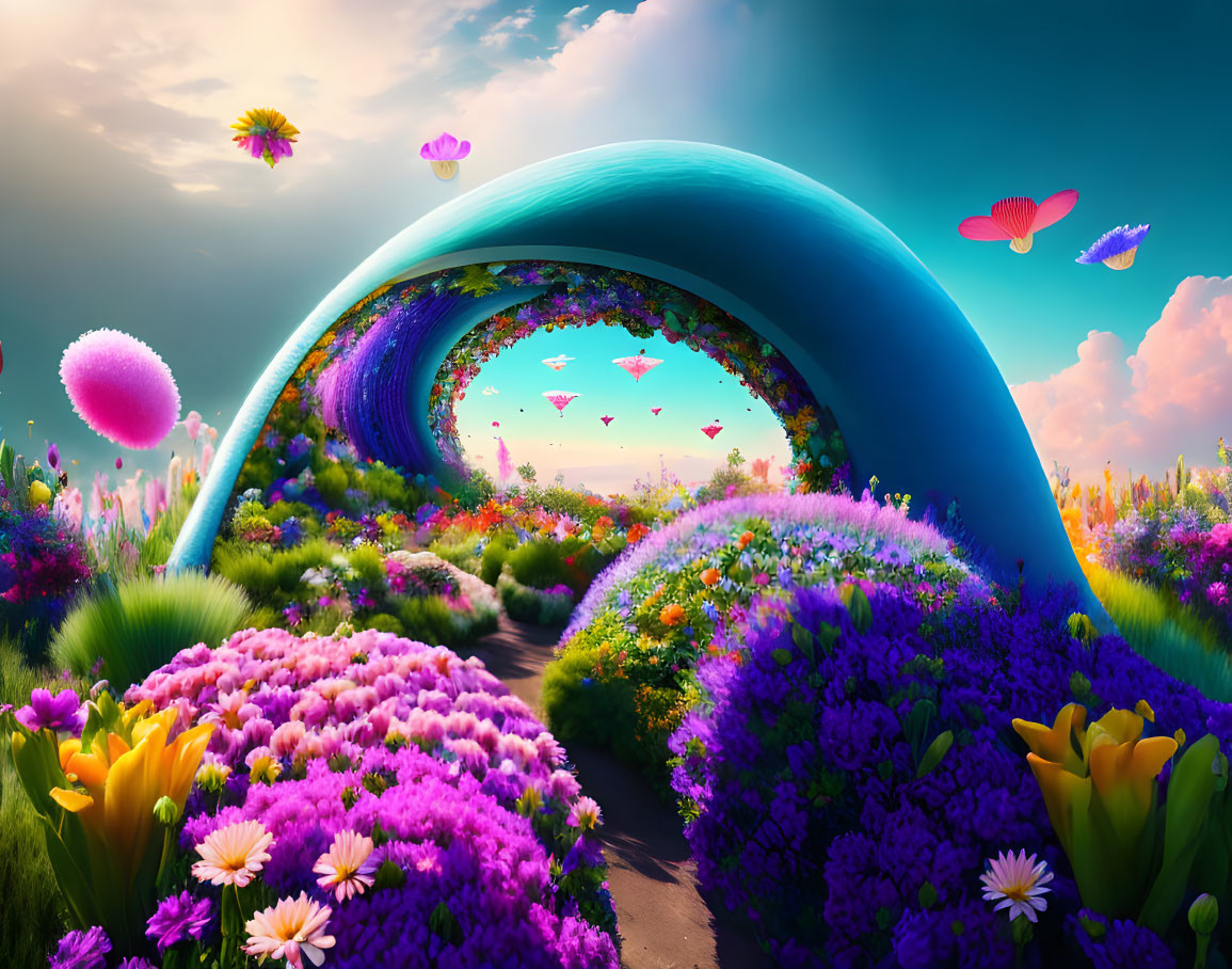 Colorful Floral Arch and Butterflies in Lush Landscape