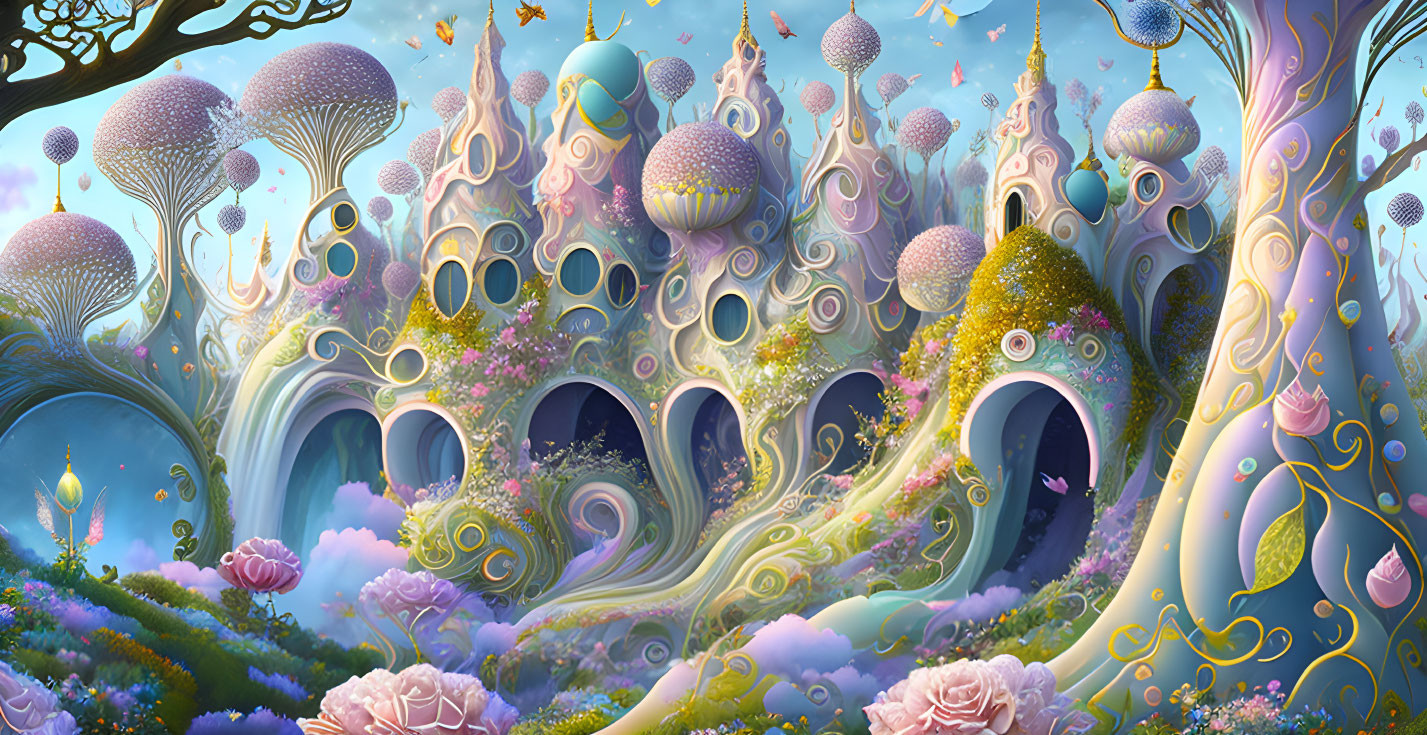 Fantasy landscape with mushroom structures and fairy-tale trees