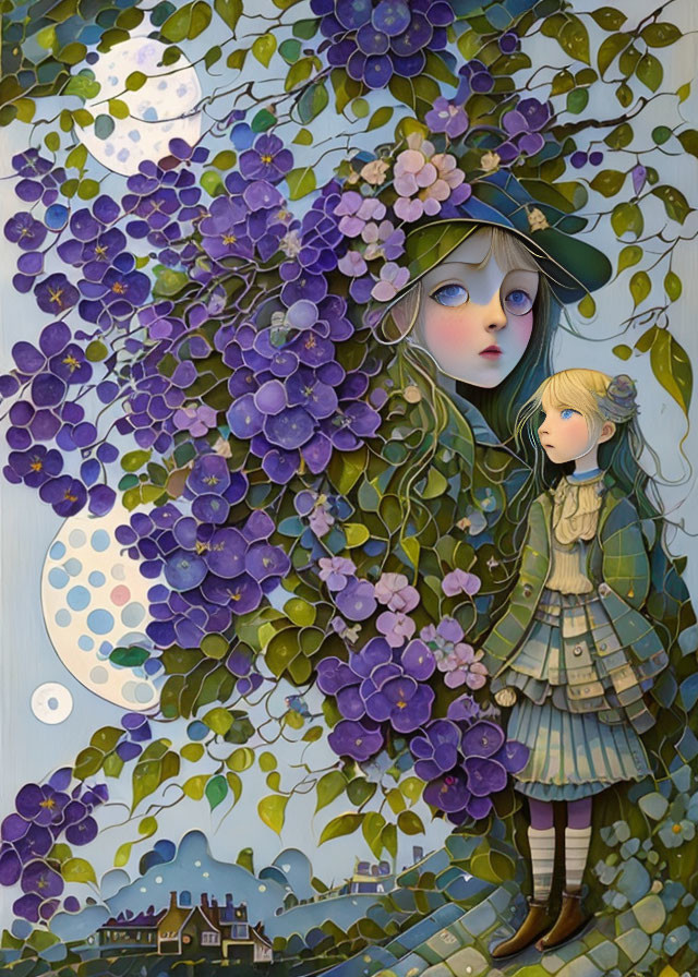 Girl with Large Blue Eyes Surrounded by Purple Flowers and Whimsical Moon