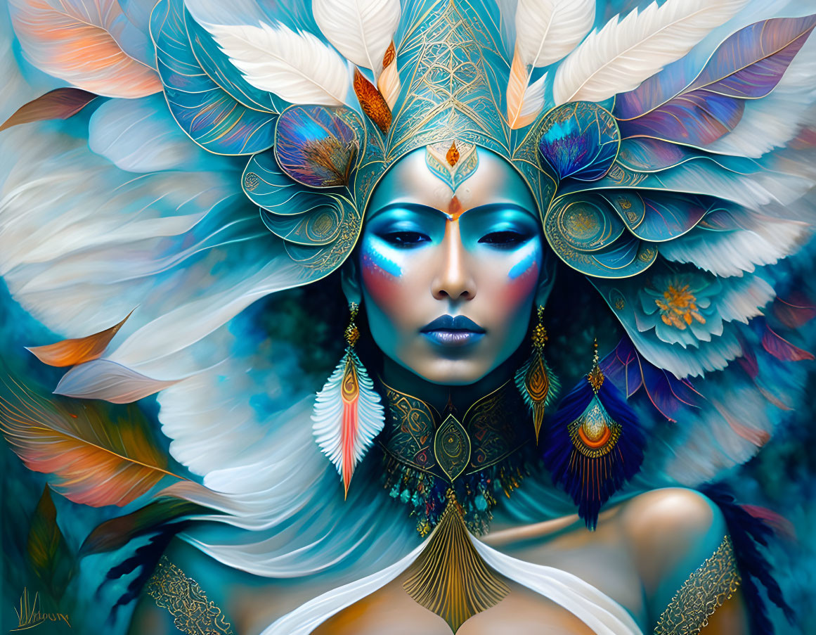 Surreal illustration: Woman with blue skin and ornate headdress