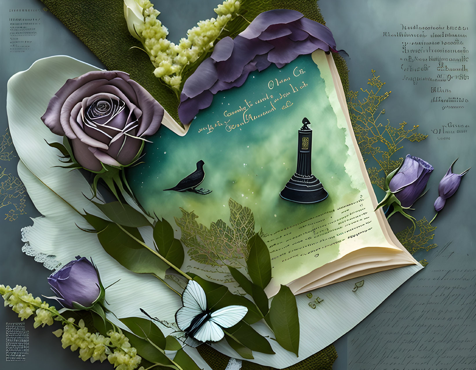 Open book with handwritten text, lighthouse, rose, flowers, leaves, butterfly.