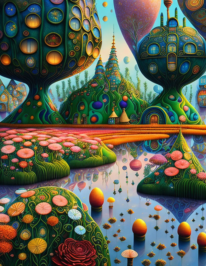 Fantasy landscape with mushroom-like trees and colorful vegetation