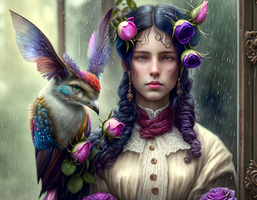 Surreal portrait: Woman with purple floral hair, bird, rainy window