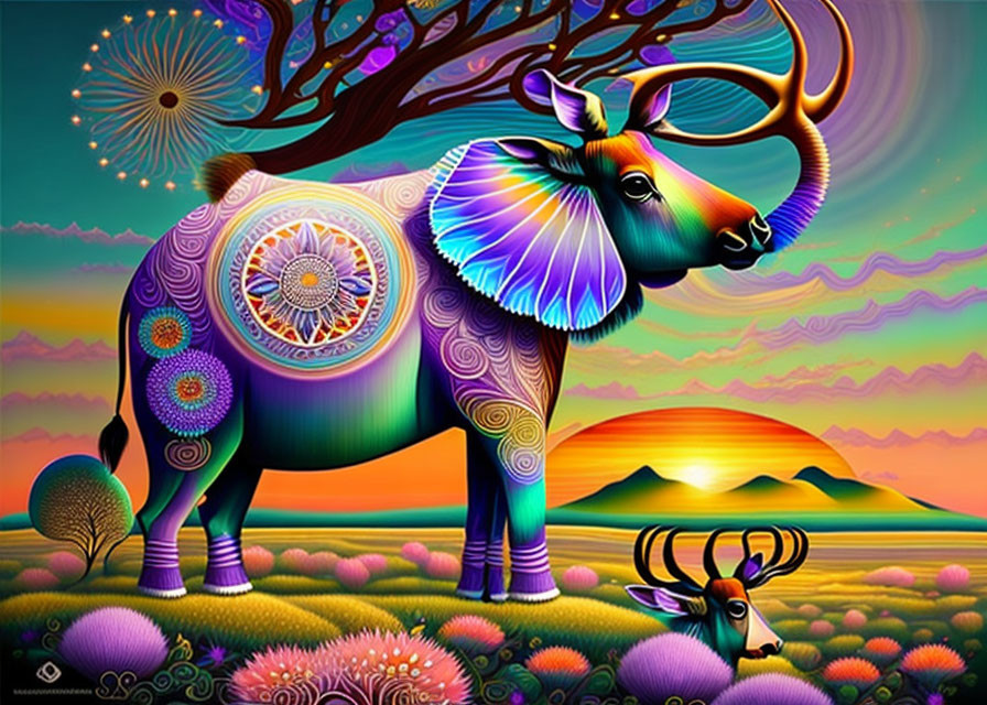 Colorful Digital Artwork: Stylized Elk in Ornate Landscape