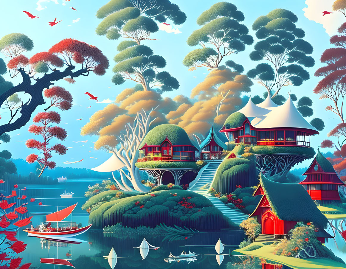 Whimsical fantasy landscape with treehouses, flora, lake, and birds