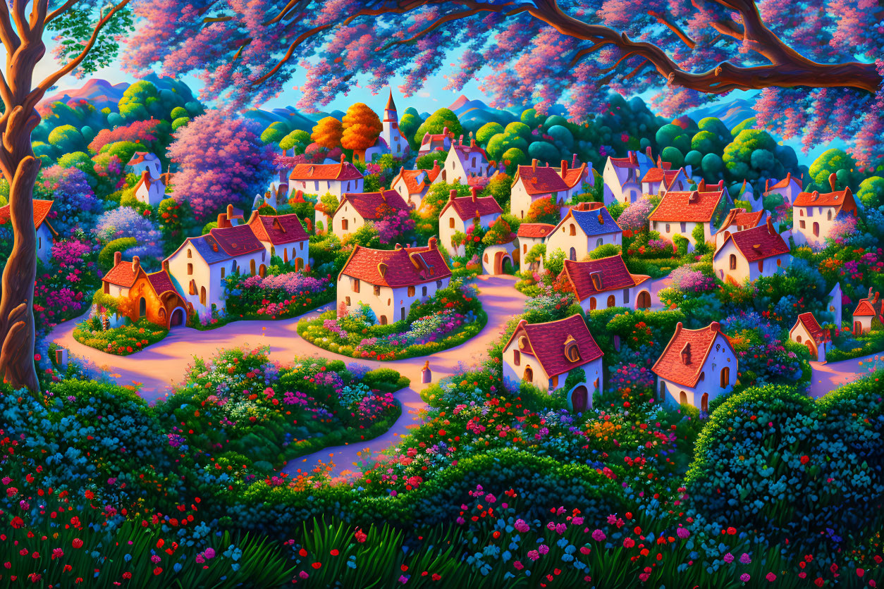 Colorful Village with Quaint Houses and Lush Gardens