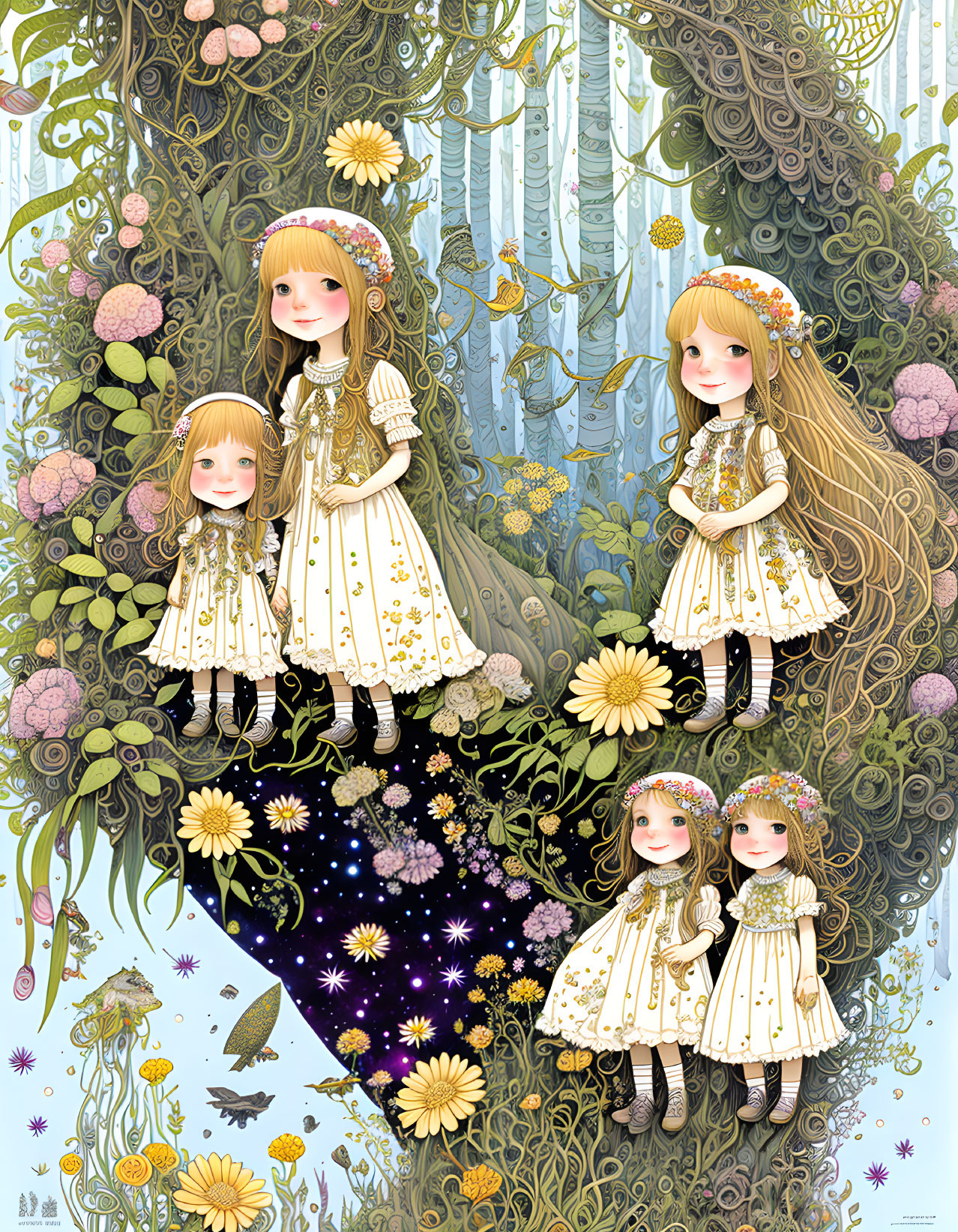 Four girls in vintage dresses with flower crowns in whimsical forest setting.