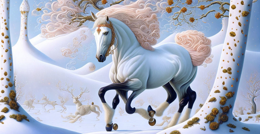 White Unicorn in Whimsical Winter Landscape