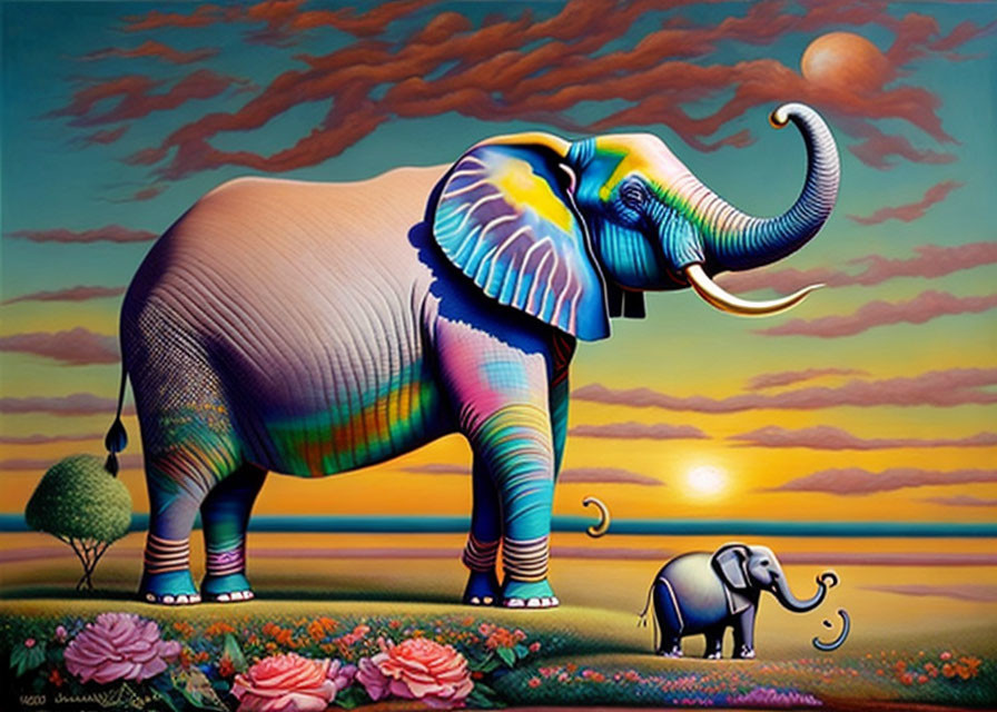 Colorful surreal painting: Two elephants under vibrant sky