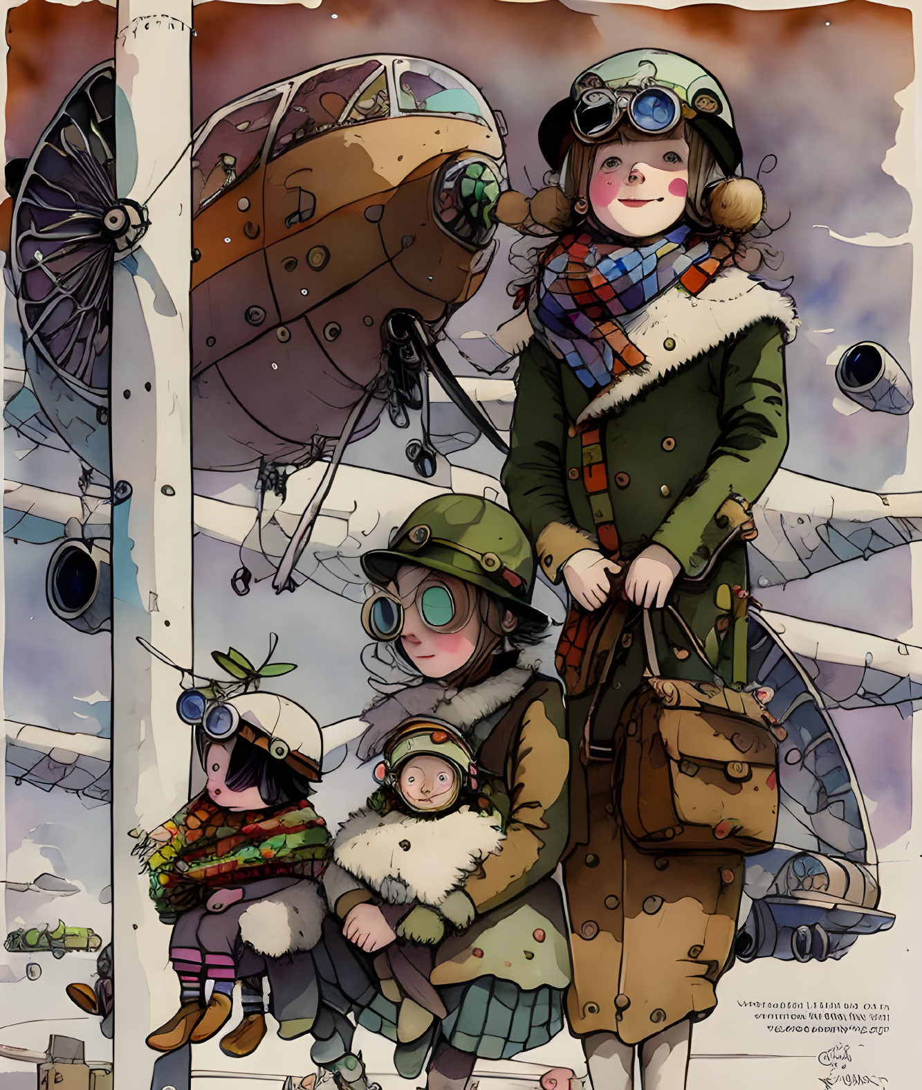 Steampunk family illustration with airship in whimsical sky