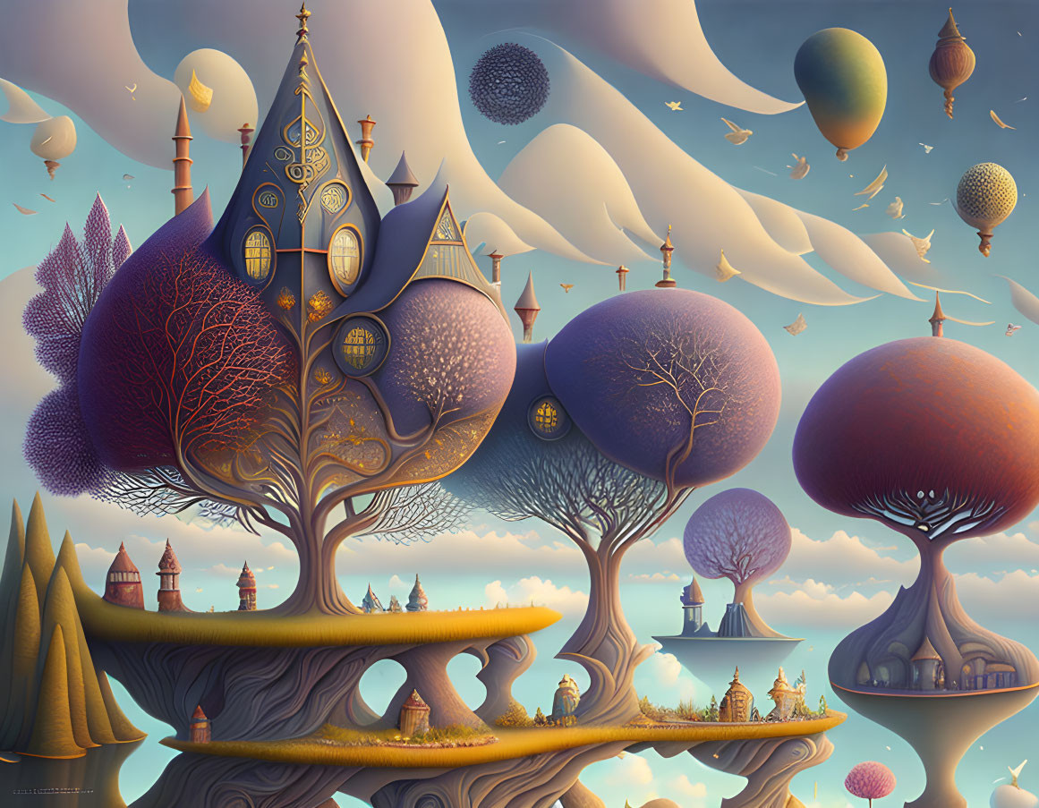 Whimsical landscape with stylized trees, floating islands, castles, and soft clouds