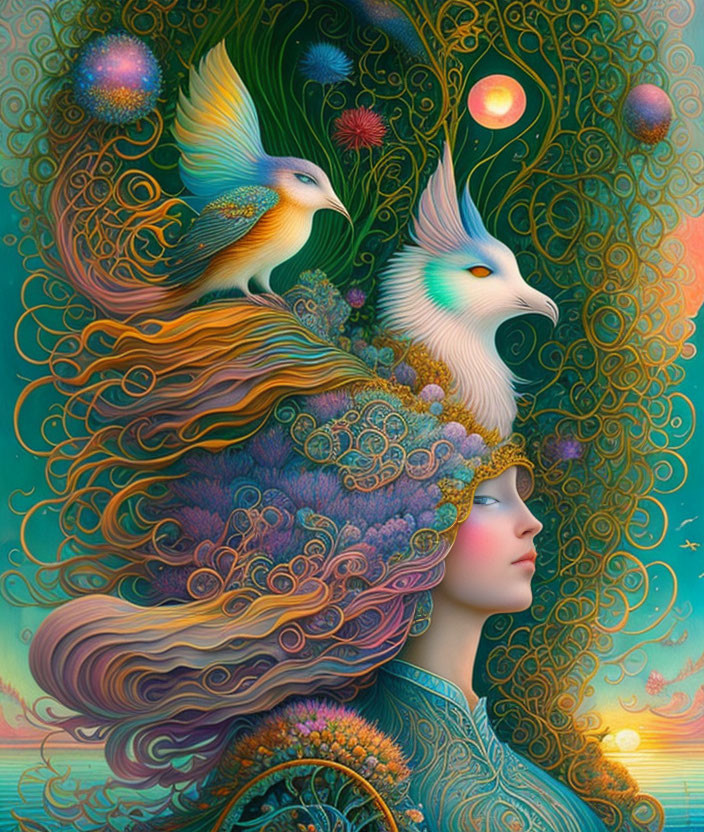 Colorful surreal artwork: Woman with flowing hair, birds, patterns, orbs on vibrant backdrop