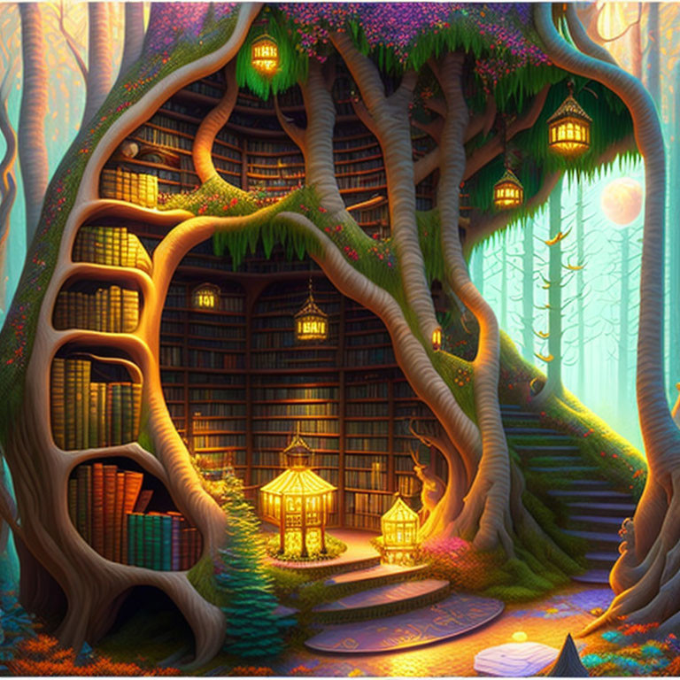 Enchanting forest library in ancient tree with lanterns, winding stairs, shelves of books, under