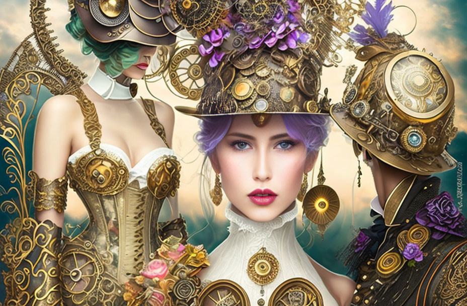 Steampunk-themed artistic figures in ornate attire against dreamy backdrop