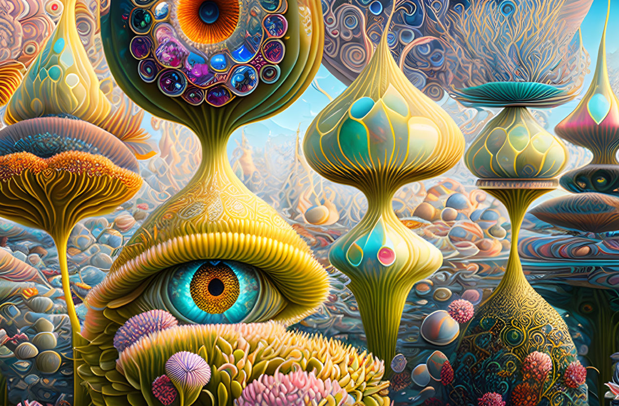 Colorful Surreal Landscape with Mushroom-like Structures and Eyes