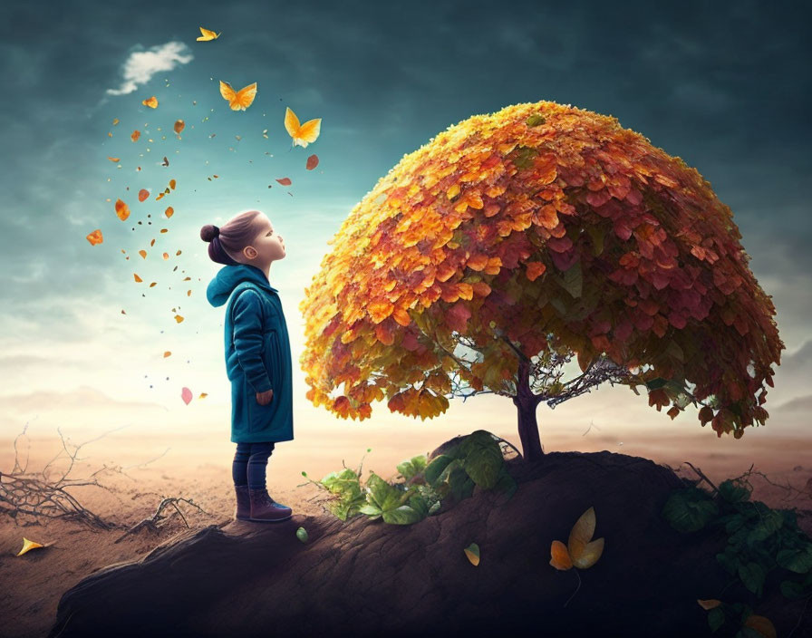 Child in Blue Coat Observing Butterflies by Autumn Tree