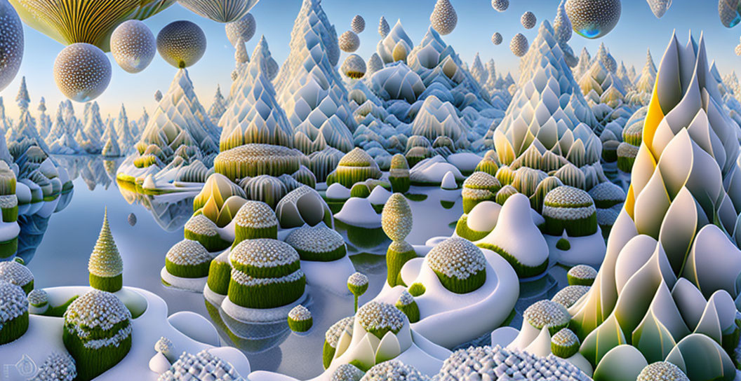 Winter Wonderland: Conical Trees, Snow-Covered Terrain, Mushrooms