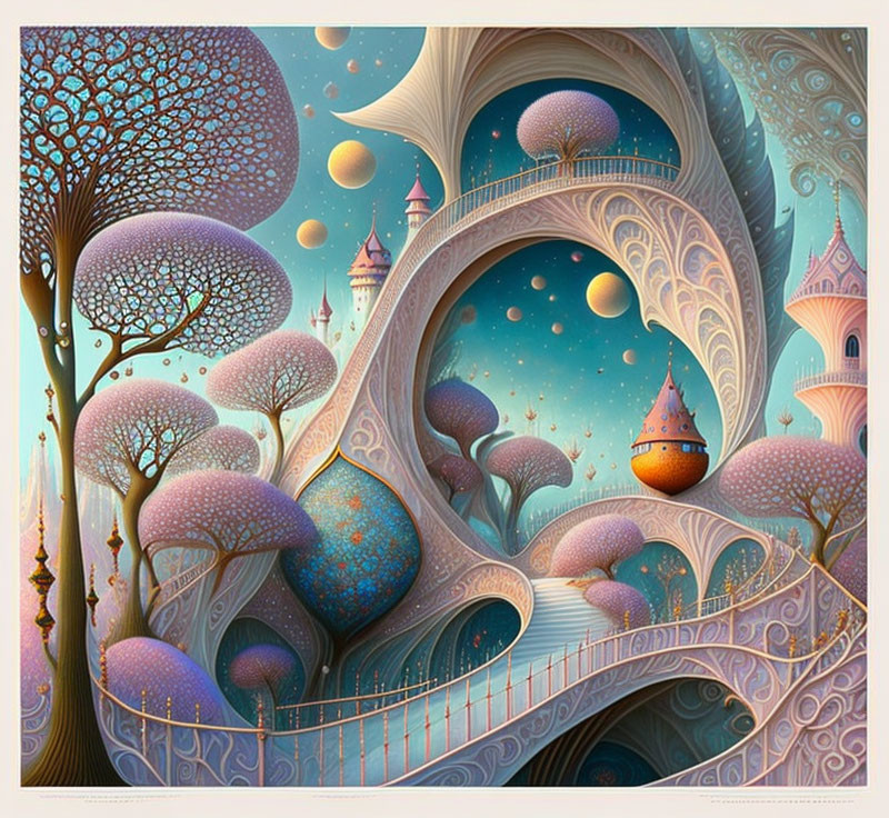 Fantastical landscape with swirling architecture and floating orbs