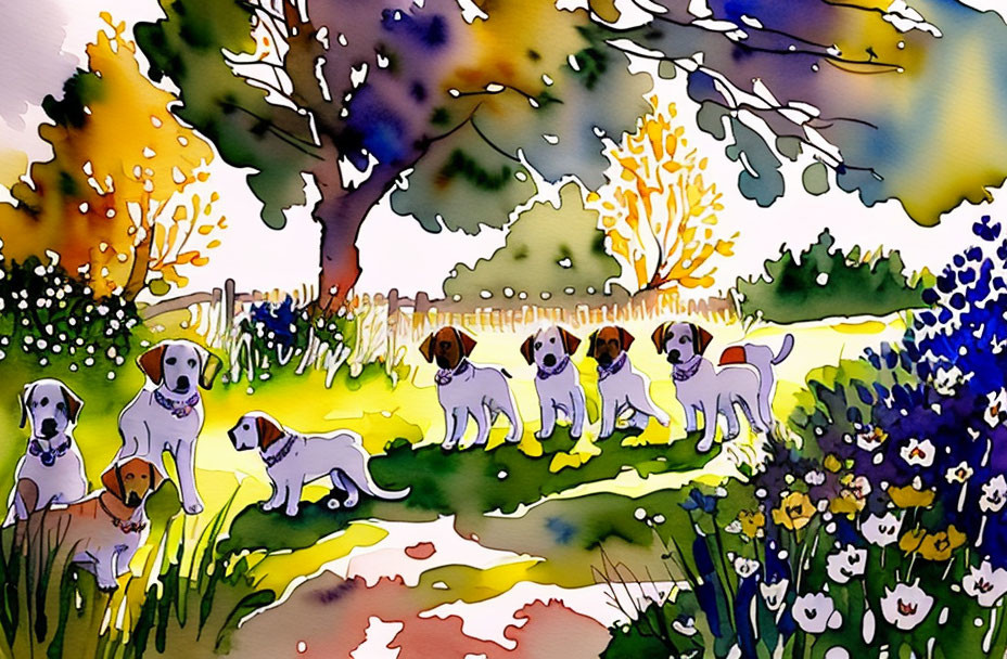 Vibrant watercolor of five dogs in colorful meadow