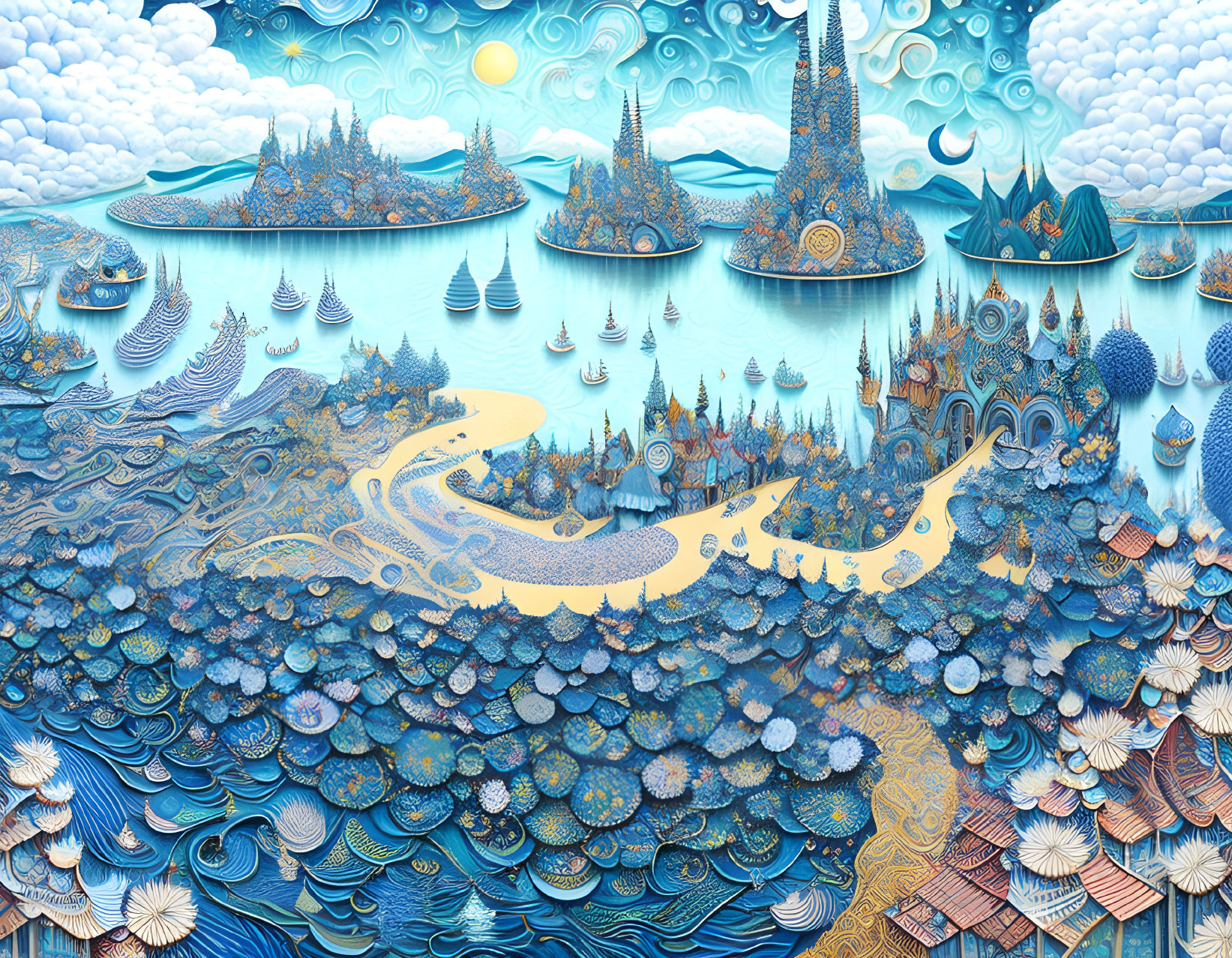 Fantastical landscape with castles, trees, boats, and swirling patterns under a cloud-filled sky