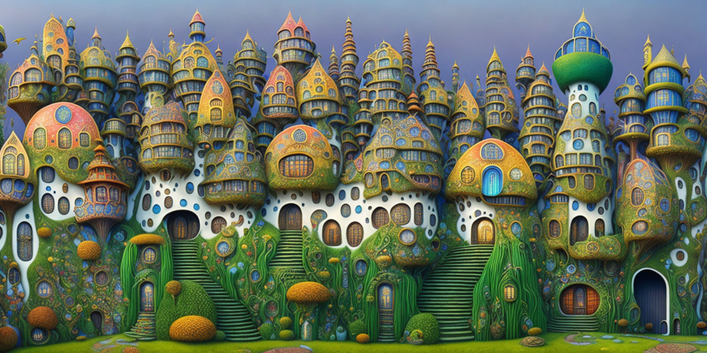 Whimsical fantasy landscape with vibrant mushroom-like buildings