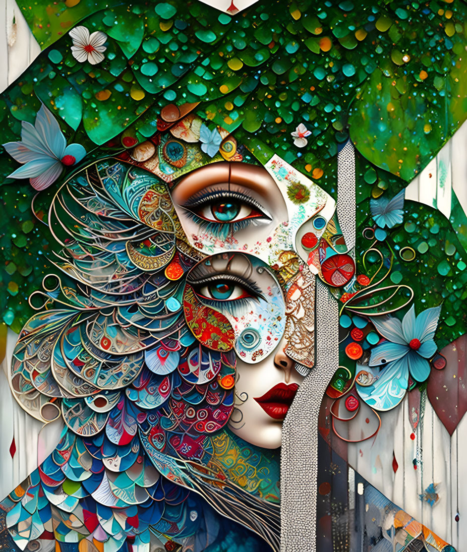 Colorful Woman's Face with Nature-Inspired Patterns and Butterflies