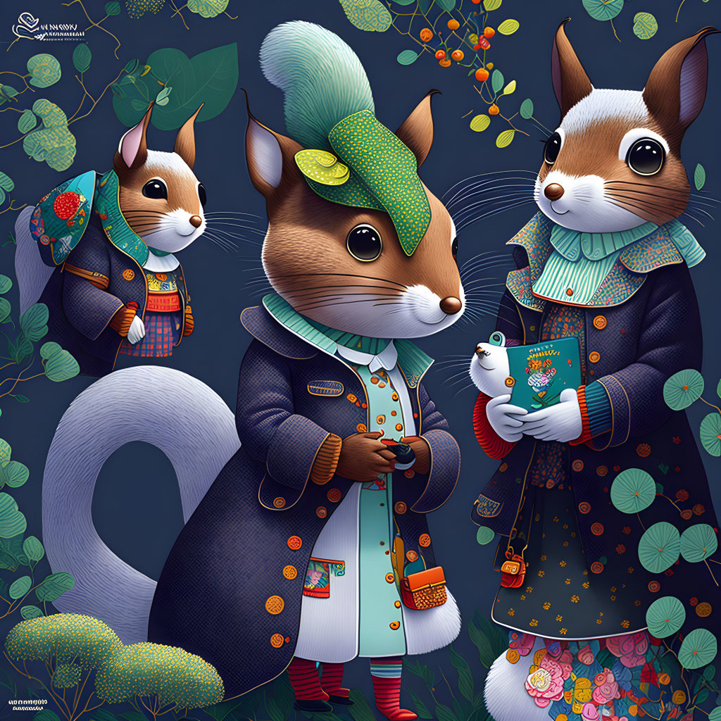 Anthropomorphic squirrels in vintage attire in lush greenery