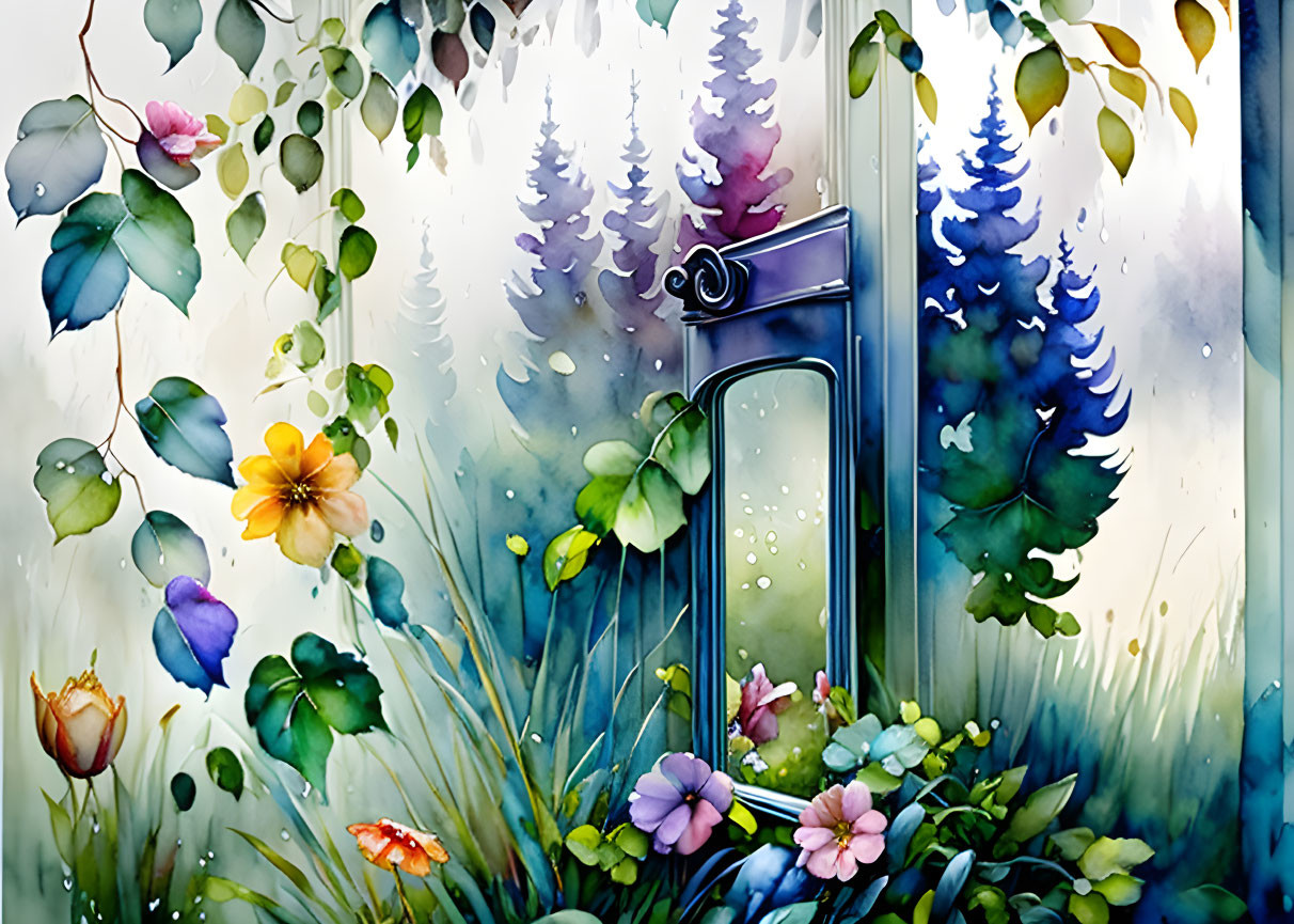 Colorful garden illustration with transparent door to misty forest