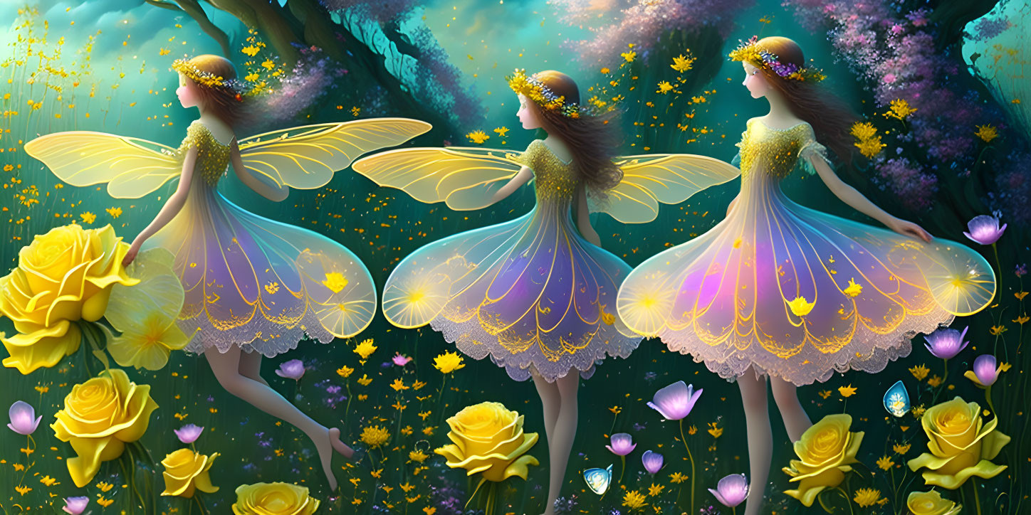 Three translucent-winged fairies in vibrant flower forest