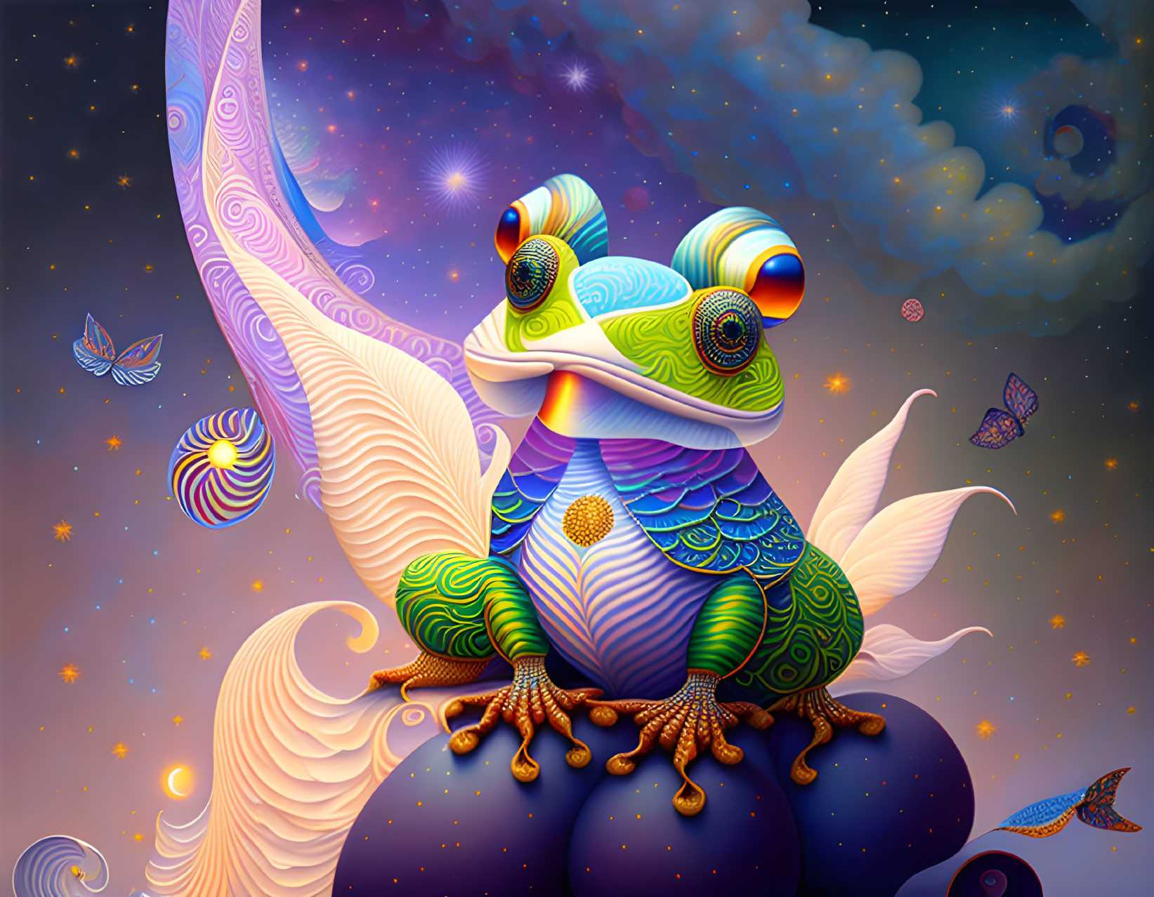 Vibrant illustration of patterned frog with butterfly wings in starry sky.