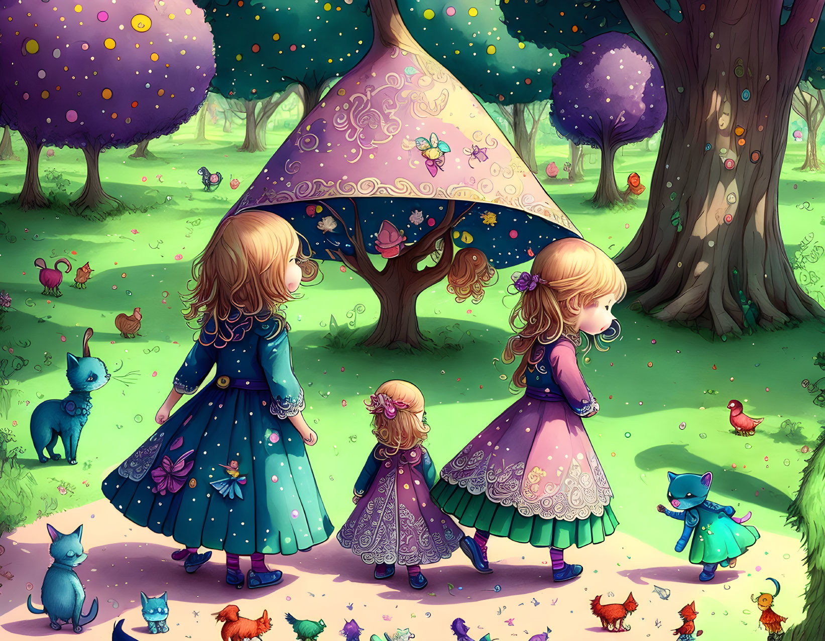 Three girls in fancy dresses in colorful magical forest with whimsical trees.