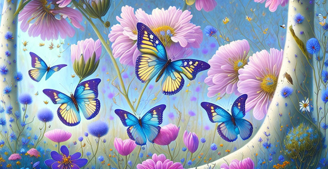 Colorful Butterfly and Flower Illustration in Blue and Yellow