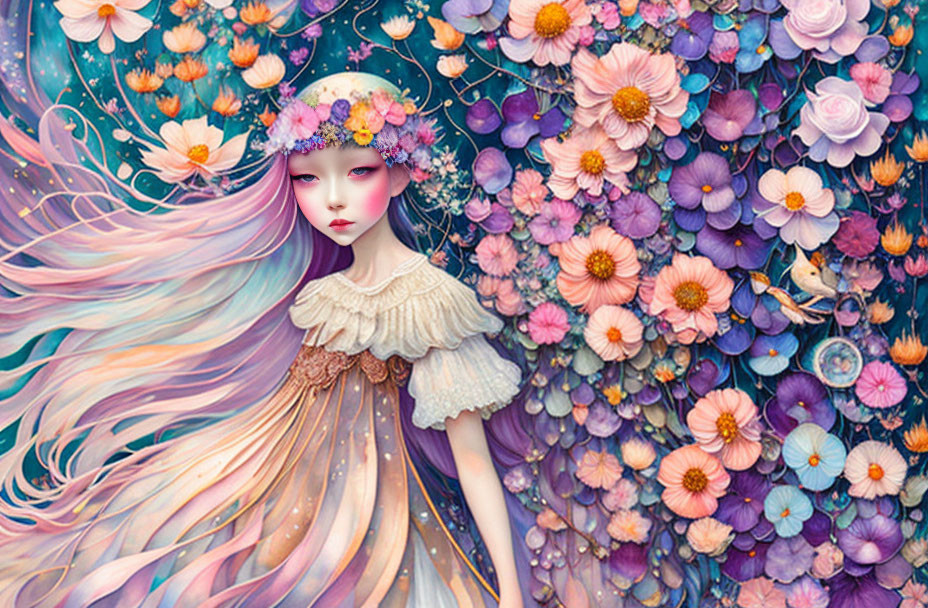 Illustration of girl with pastel hair and flowers next to colorful blossoms