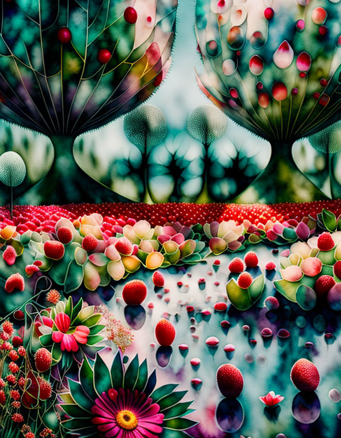 Colorful digital artwork featuring stylized plants, spherical elements, fronds, floral patterns