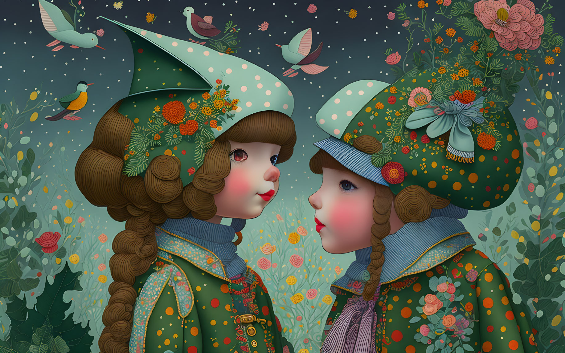 Stylized illustrated girls in green floral outfits with conical hats surrounded by birds and lush botanicals