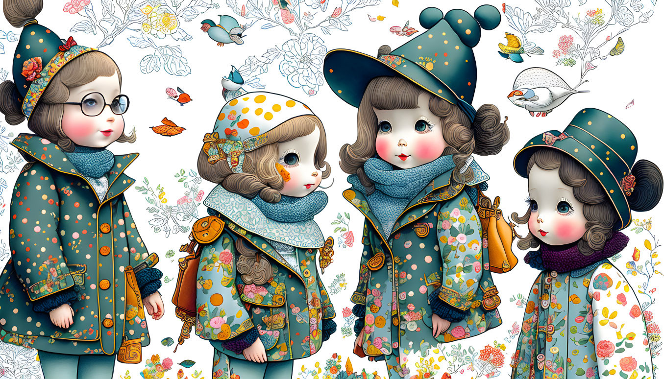 Stylized girls in retro autumn outfits with birds and flowers on white background