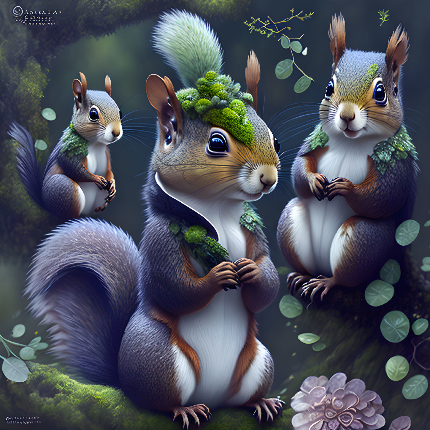 Anthropomorphized squirrels with green foliage in fantasy forest