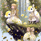 Four girls in vintage dresses with flower crowns in whimsical forest setting.