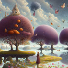 Whimsical landscape with stylized trees, floating islands, castles, and soft clouds