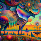 Colorful Psychedelic Landscape with Whimsical Elements and Sunset Sky