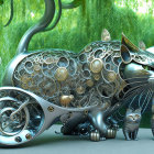 Digital Art: Large Mechanical Cat with Intricate Gears and Patterns Among Two Smaller Cats in Green